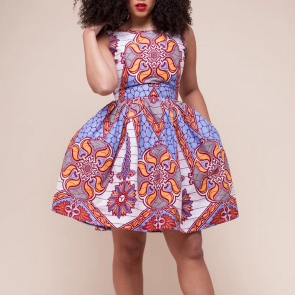 Grass-fields | African Print Sleeveless Full Skirt Mini Dress with Pockets (M) - Picture 2 of 16